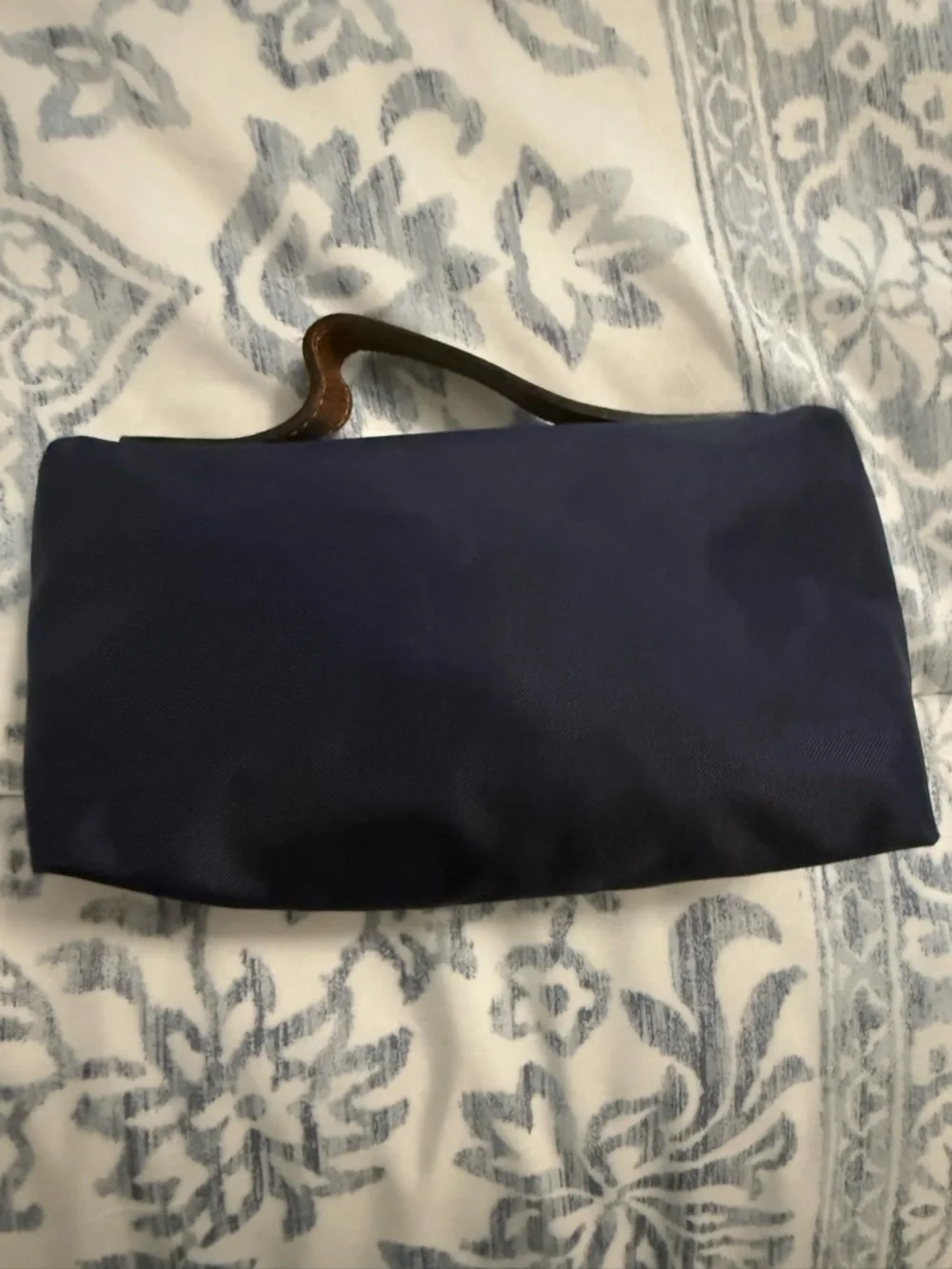 Longchamp Navy Canvas Pouch with Brown Leather Patch